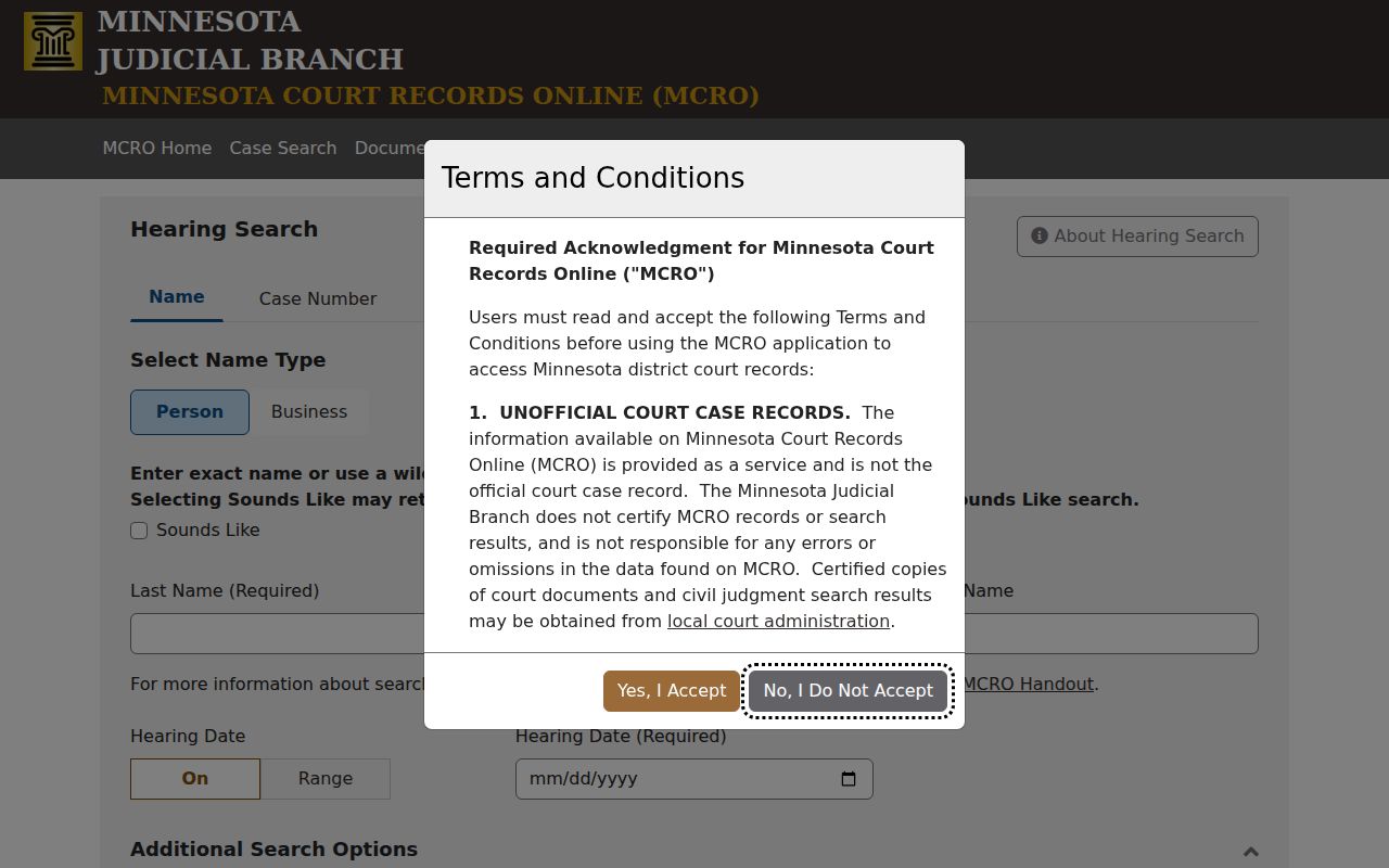 Polk County case lookup MCRO Hearing Search form